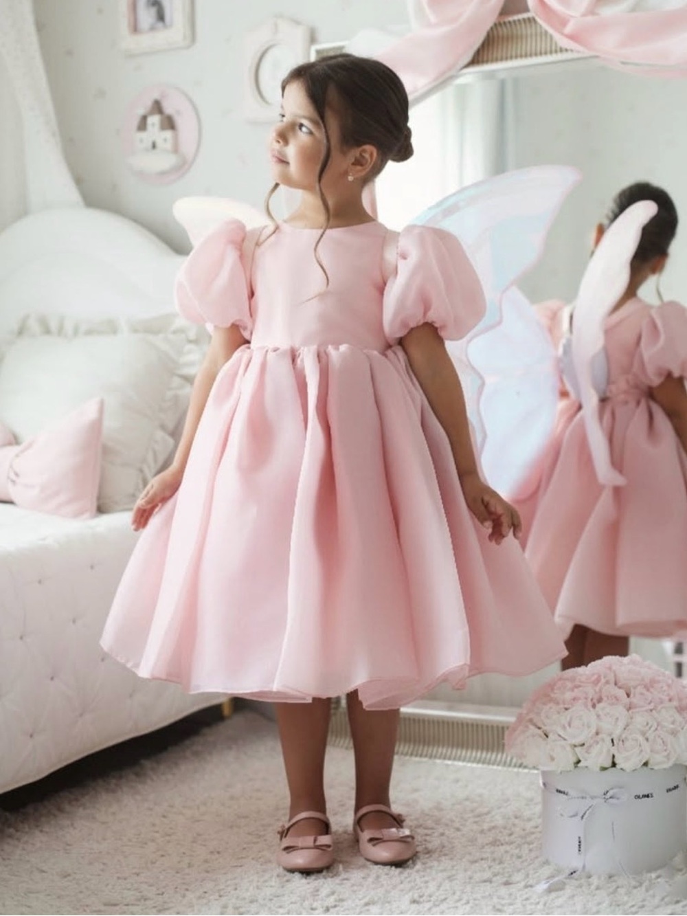 Pink Puff-Sleeve Party Dress for Kids